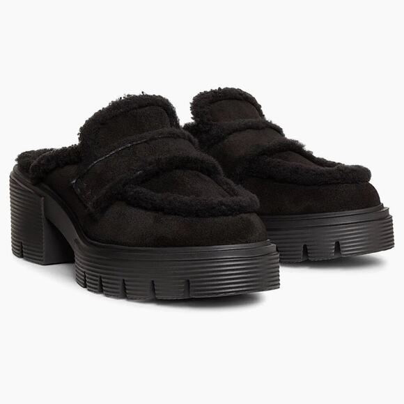 Stuart Weitzman Soho Chill Suede Shearling Loafer Mule Black 9.5B Platform - Picture 5 of 12